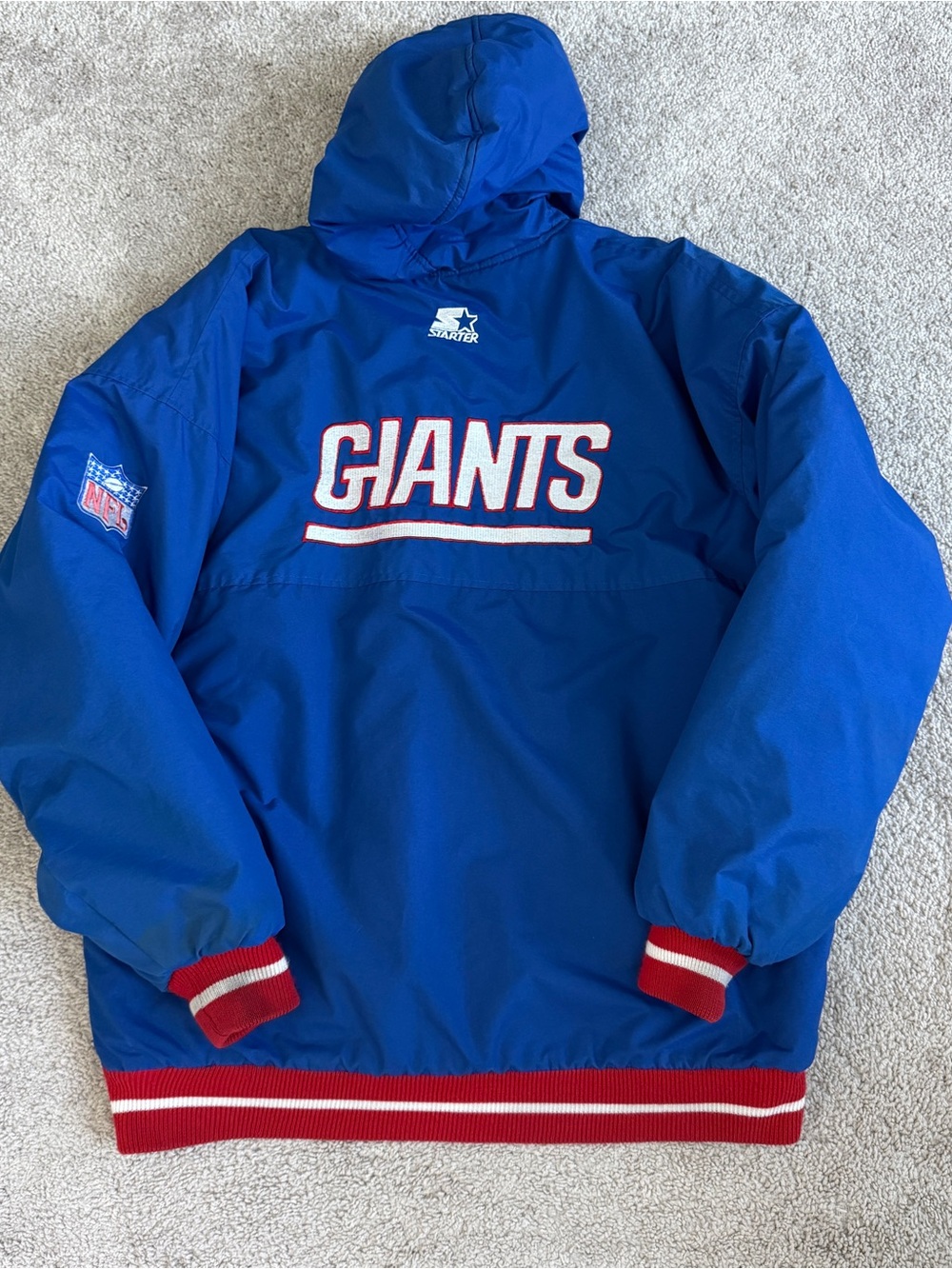 Vintage 90s New York Giants Starter NFL Hooded Jacket Blue XL 26x32